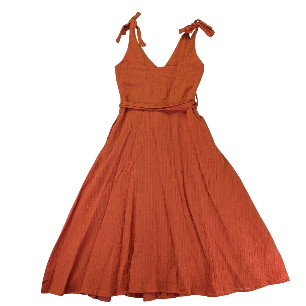 FRNCH Paris Rust Orange Cotton Button Front Tie Shoulder Midi Dress XS F11473 - Picture 2 of 9